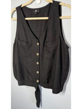 IZ Byer Womens XL Black Button Front Blouse Tank Boho Chic Minimalist Tie Hem